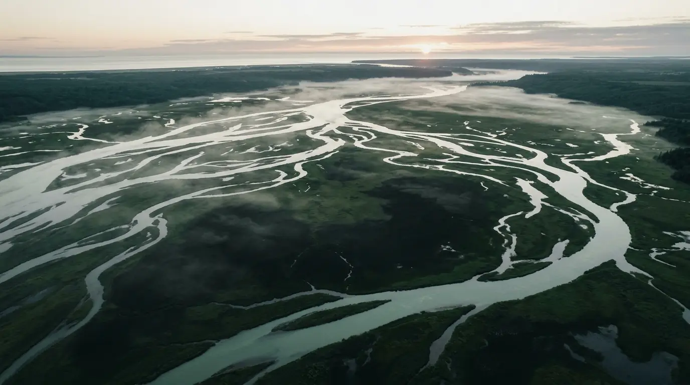 A braided river delta at dawn, its channels branching and rejoining
